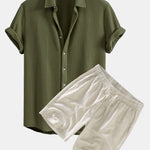 Waffle Shirt & Linen Cotton Blend Drawstring Shorts Set