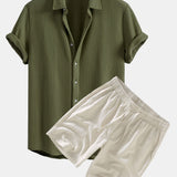 Waffle Shirt & Linen Cotton Blend Drawstring Shorts Set