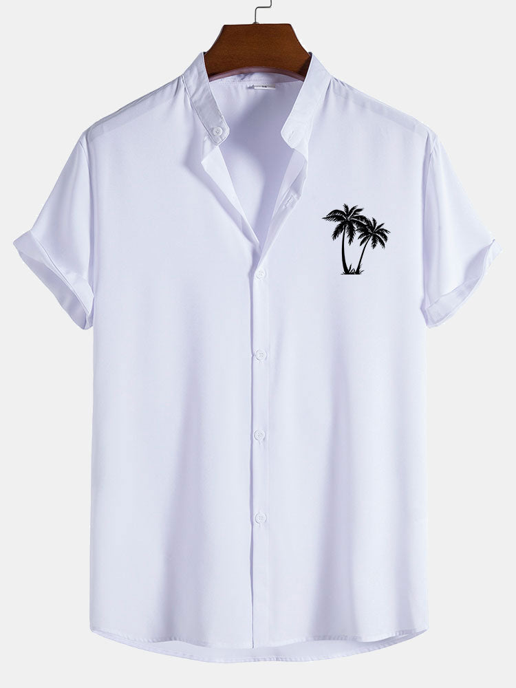 Palm Tree Print Stand Collar Shirt