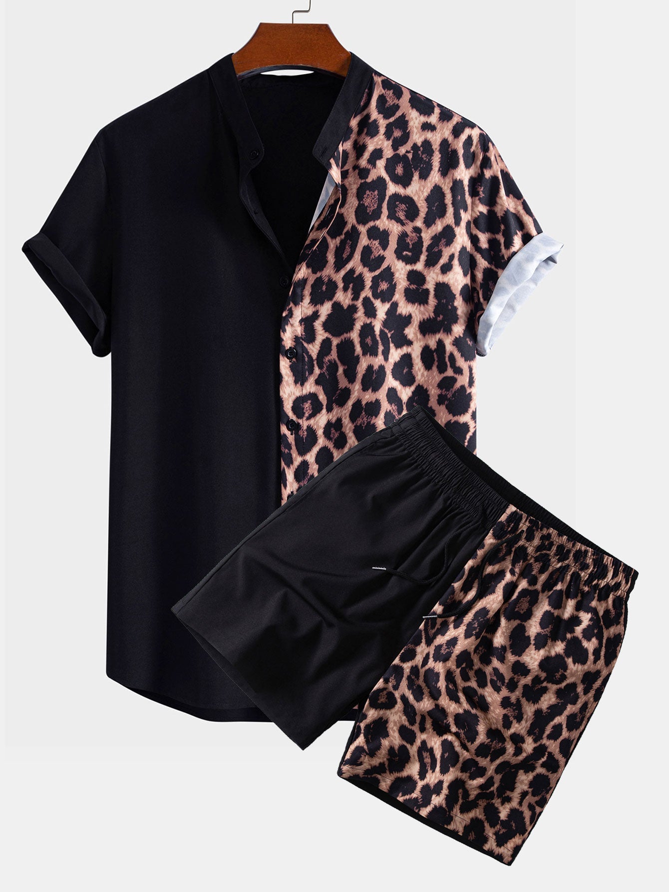 Leopard Patchwork Shirt & Leopard Print Patchwork 6" Shorts Set