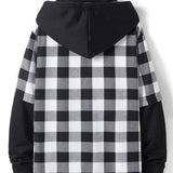 Contrast Plaid Drawstring Hooded Shirt