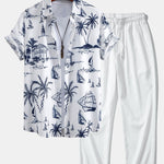 Island Sailing Print Shirt & Wrinkle Textured Straight Leg Pants Set