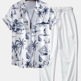 Island Sailing Print Shirt & Wrinkle Textured Straight Leg Pants Set