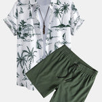 Island Sailing Print Shirt & Solid Drawstring Swim Shorts Set