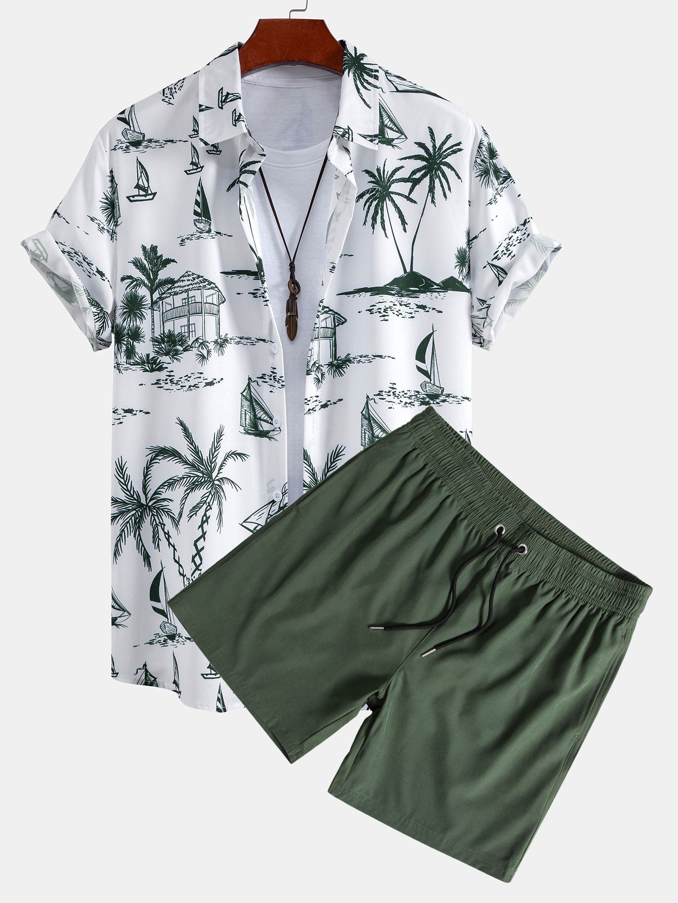 Island Sailing Print Shirt & Solid Drawstring Swim Shorts Set