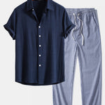 Linen Rayon Blend Shirt & Linen Stripe Straight Leg Pants Set