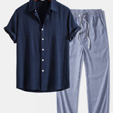 Linen Rayon Blend Shirt & Linen Stripe Straight Leg Pants Set
