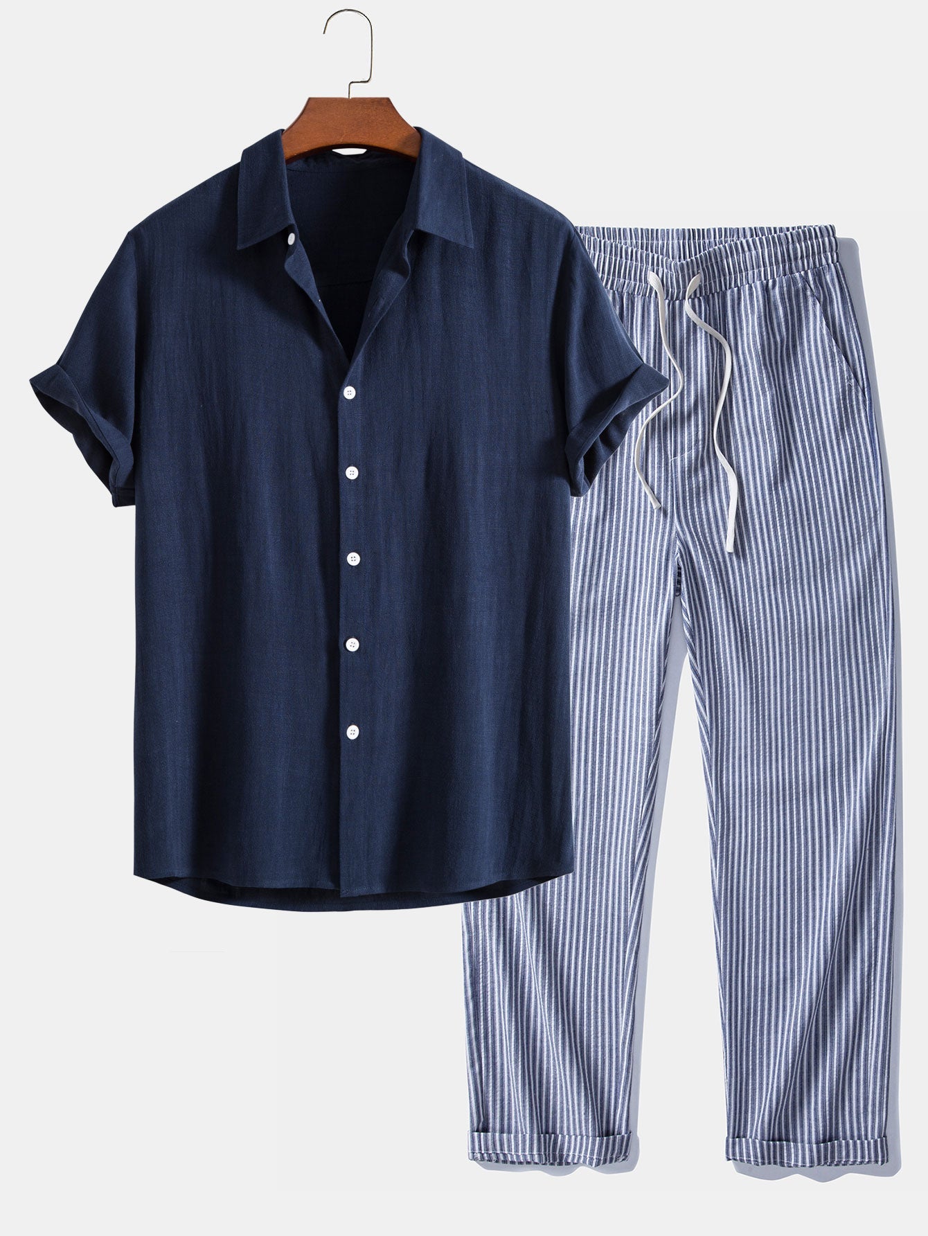 Linen Rayon Blend Shirt & Linen Stripe Straight Leg Pants Set