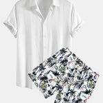 Linen Rayon Blend Shirt & Palm Tree Sailboat Print Swim Shorts Set