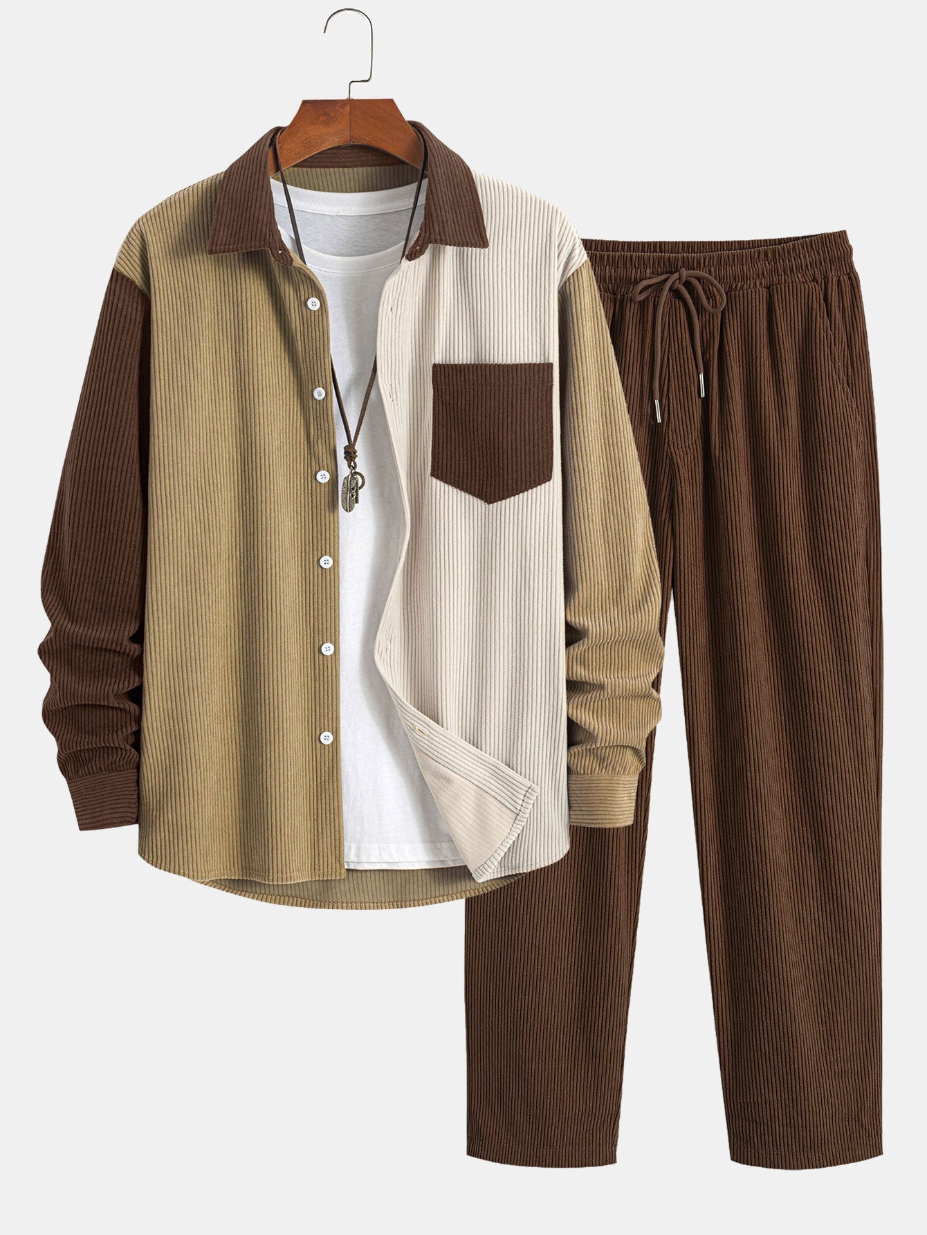 Corduroy Patchwork Shirt & Straight Leg Corduroy Pants Set