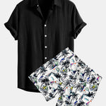 Linen Rayon Blend Shirt & Palm Tree Sailboat Print Swim Shorts Set