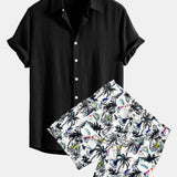 Linen Rayon Blend Shirt & Palm Tree Sailboat Print Swim Shorts Set