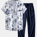 Island Sailing Print Shirt & Wrinkle Textured Straight Leg Pants Set