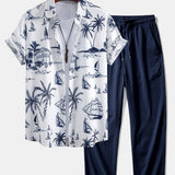 Island Sailing Print Shirt & Wrinkle Textured Straight Leg Pants Set