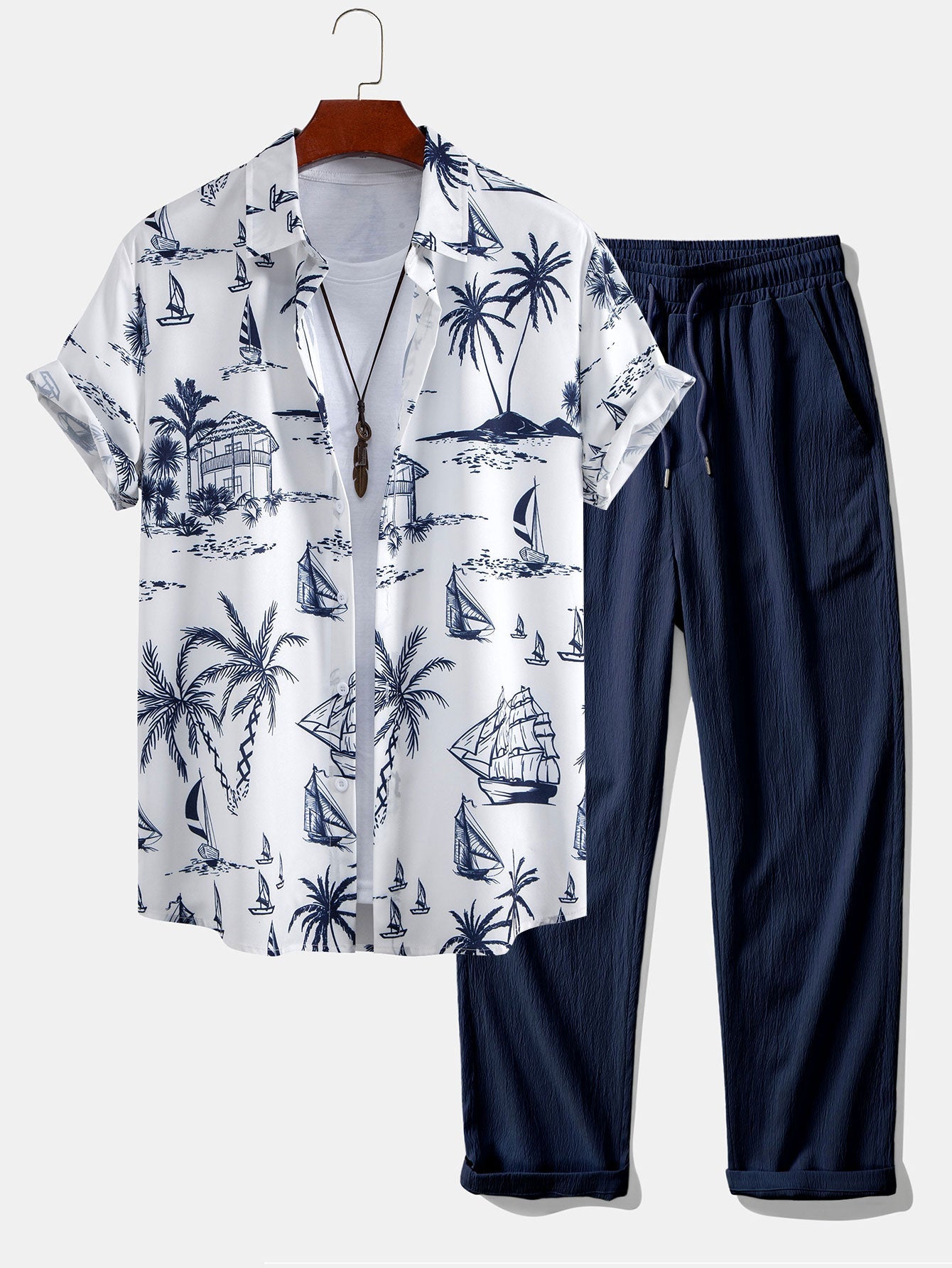 Island Sailing Print Shirt & Wrinkle Textured Straight Leg Pants Set