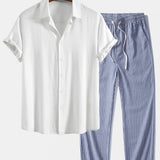Linen Rayon Blend Shirt & Linen Stripe Straight Leg Pants Set