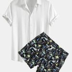 Linen Rayon Blend Shirt & Palm Tree Sailboat Print Swim Shorts Set