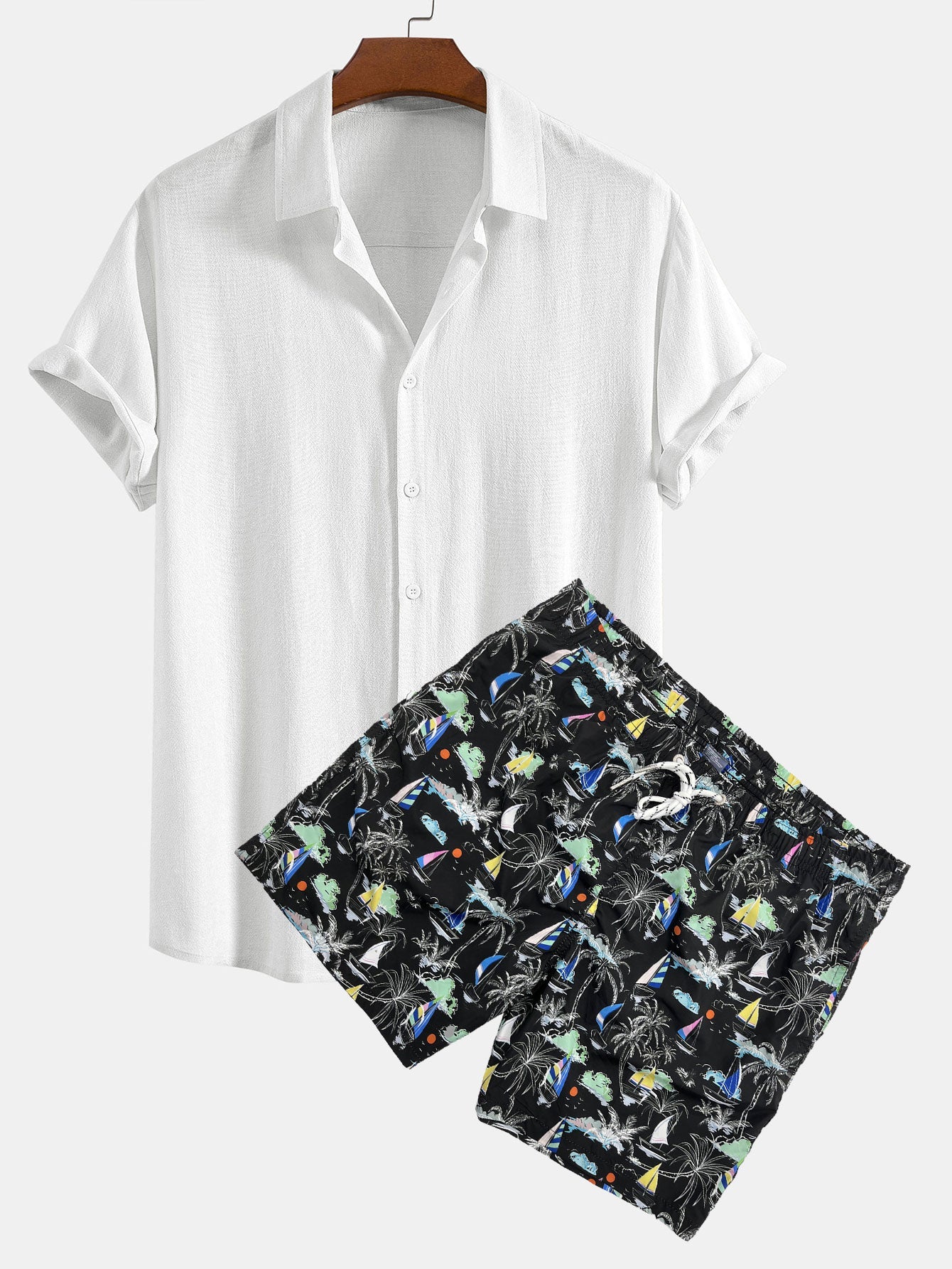 Linen Rayon Blend Shirt & Palm Tree Sailboat Print Swim Shorts Set