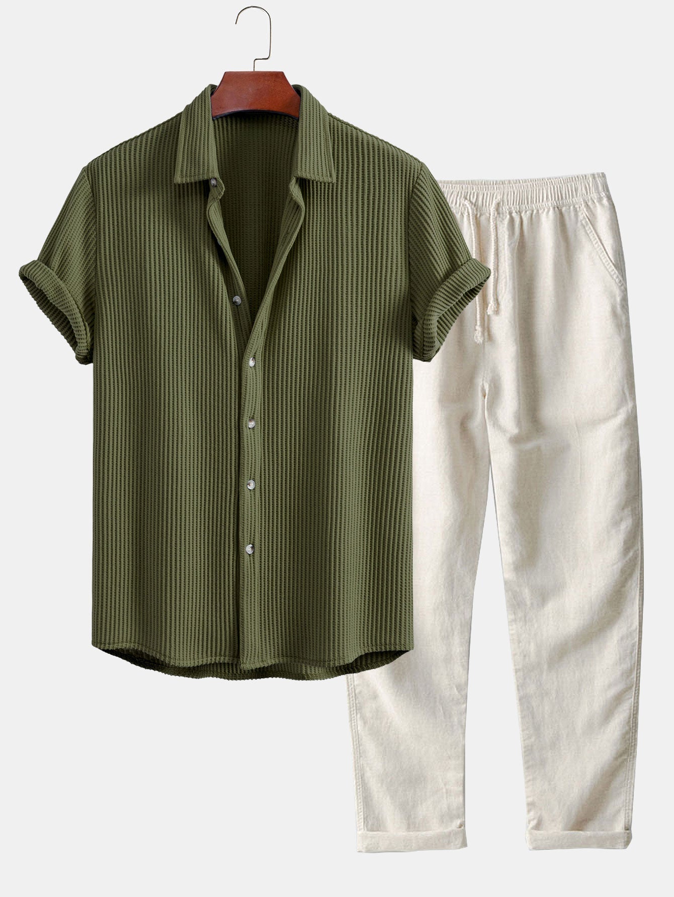 Waffle Shirt & Straight Leg Linen Pants Set