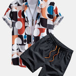 Color Block Geometry Print Shirt & Drawstring Swim Shorts Set