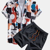 Color Block Geometry Print Shirt & Drawstring Swim Shorts Set