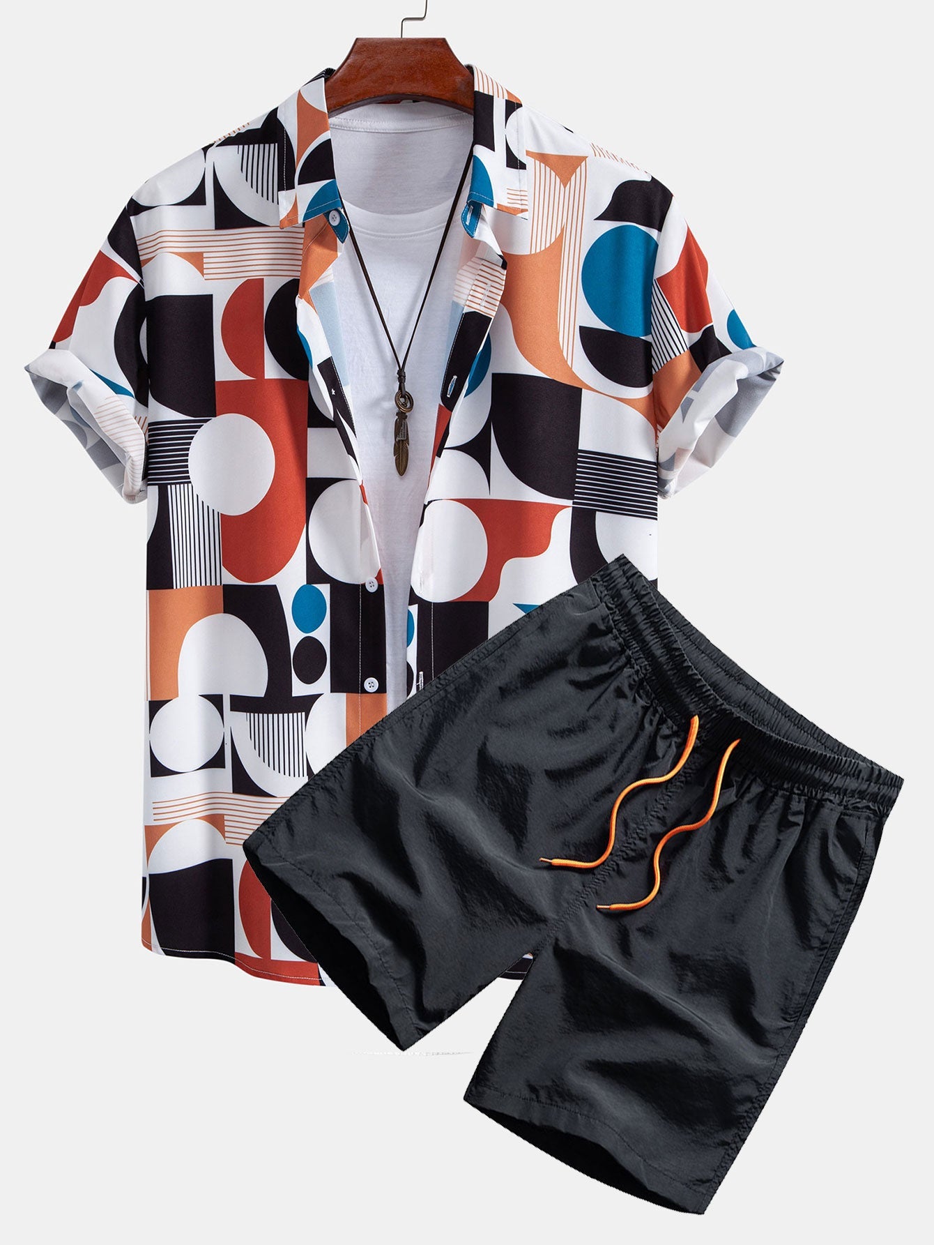 Color Block Geometry Print Shirt & Drawstring Swim Shorts Set