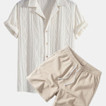 Geometric Jacquard Eyelet Cuban Shirt & Crinkle Textured Drawstring 5" Set