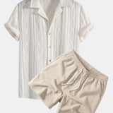 Geometric Jacquard Eyelet Cuban Shirt & Crinkle Textured Drawstring 5" Set