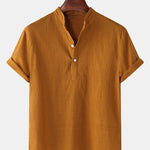 Solid Color Basic Henley Shirts & Linen Cotton Blend 11" Shorts Set