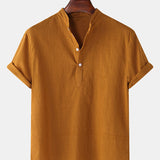Solid Color Basic Henley Shirts & Linen Cotton Blend 11" Shorts Set