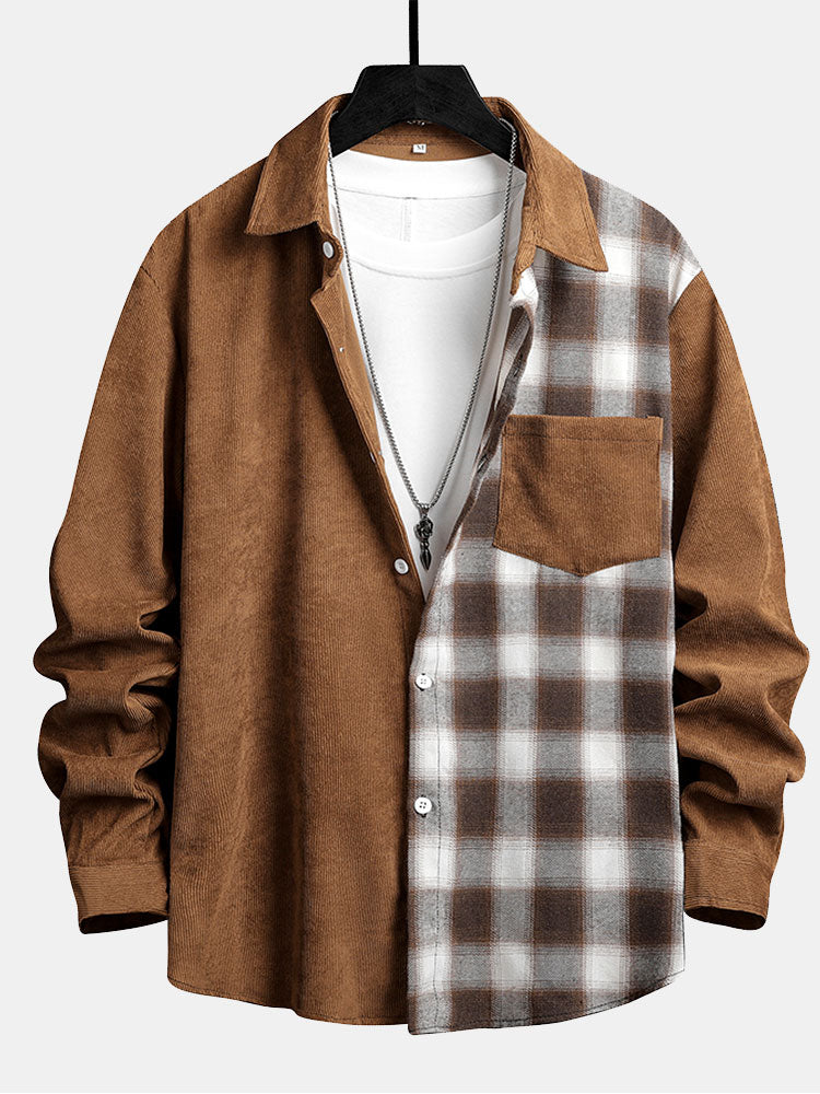 Corduroy Plaid Patchwork Shirt with Pocket