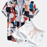 Color Block Geometry Print Shirt & Drawstring Swim Shorts Set