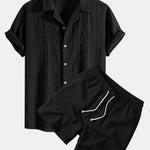 Geometric Jacquard Eyelet Cuban Shirt & Crinkle Textured Drawstring 5" Set
