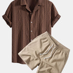 Geometric Jacquard Eyelet Cuban Shirt & Crinkle Textured Drawstring 5" Set
