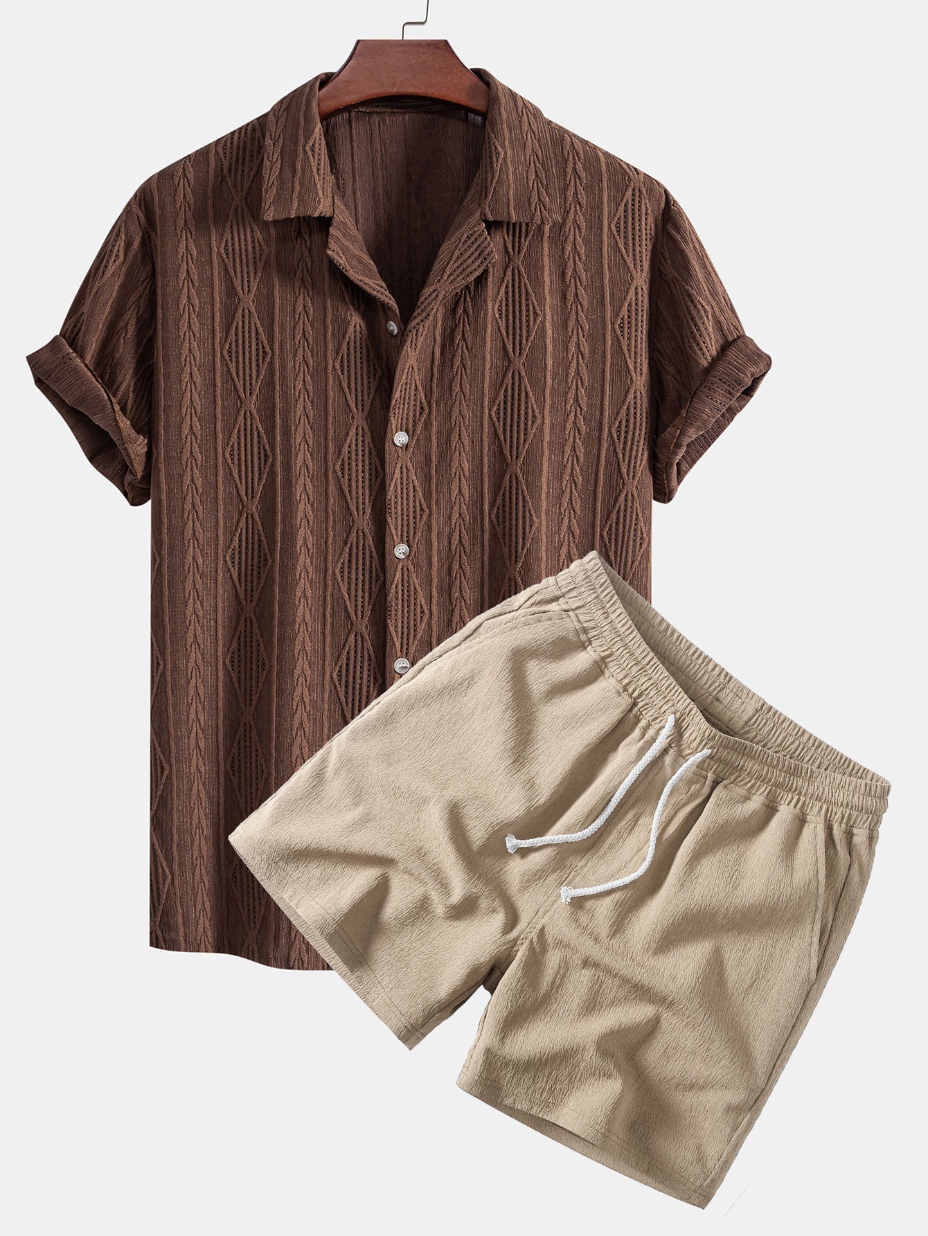 Geometric Jacquard Eyelet Cuban Shirt & Crinkle Textured Drawstring 5" Set