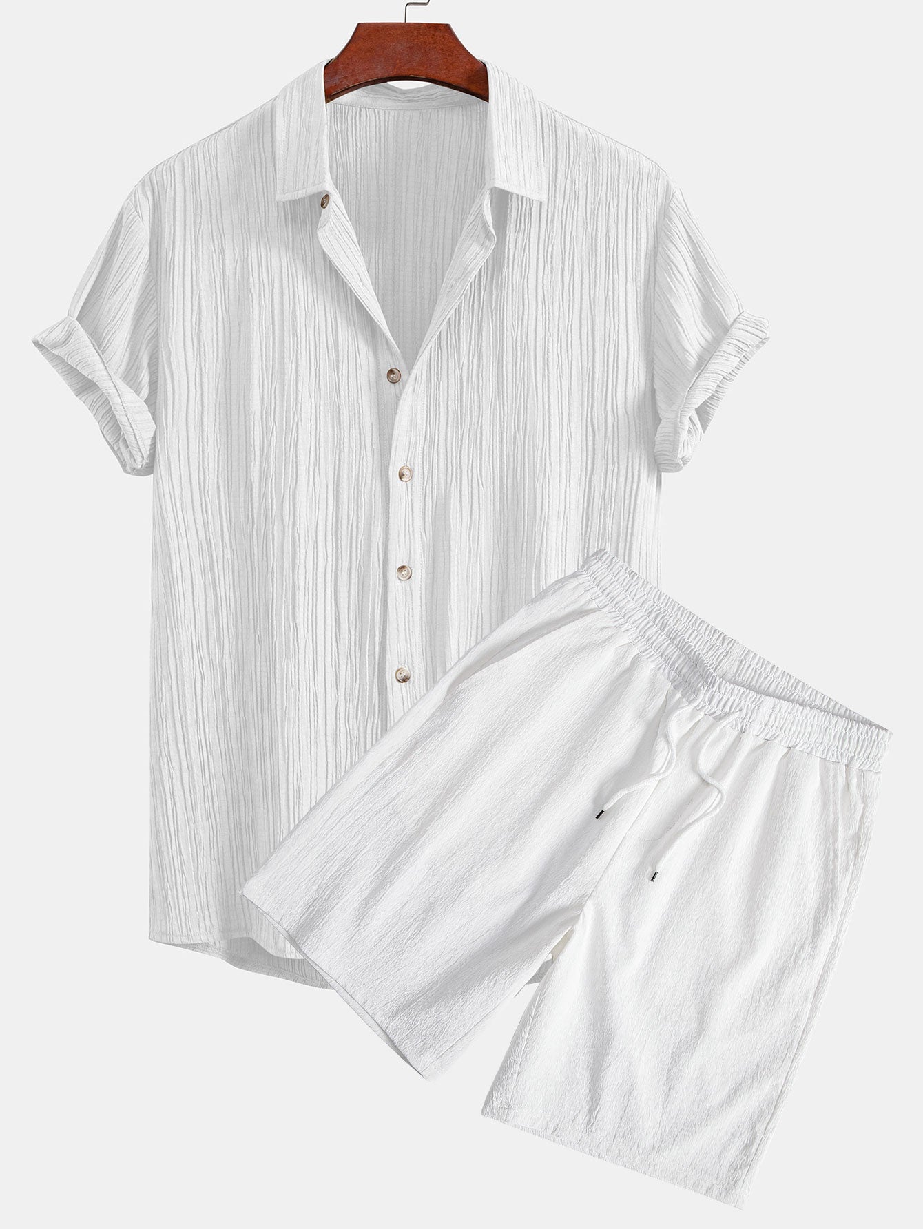 Crinkled Textured Shirt & Crinkled Textured Drawstring Shorts Set