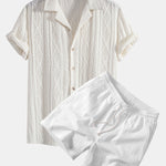 Geometric Jacquard Eyelet Cuban Shirt & Crinkle Textured Drawstring 5" Set