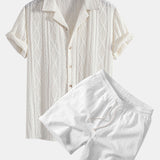 Geometric Jacquard Eyelet Cuban Shirt & Crinkle Textured Drawstring 5" Set