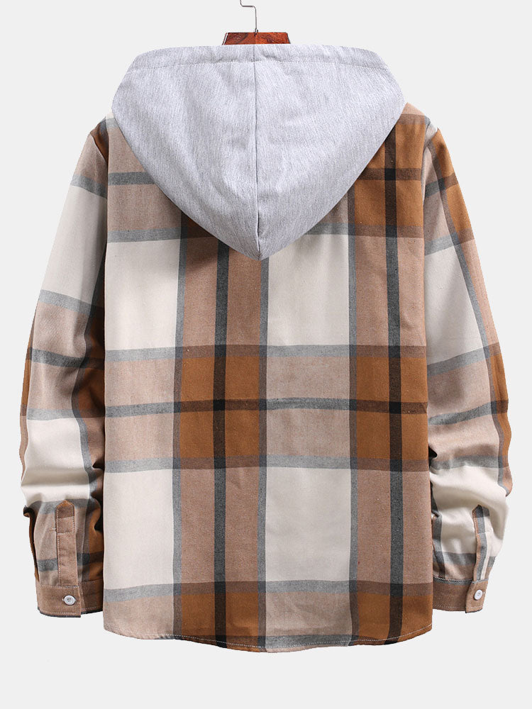 Button Up Contrast Hoodie Plaid Shirt