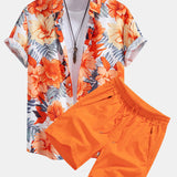 Tropical Flowers Print Shirt & Drawstring Swim Shorts Set