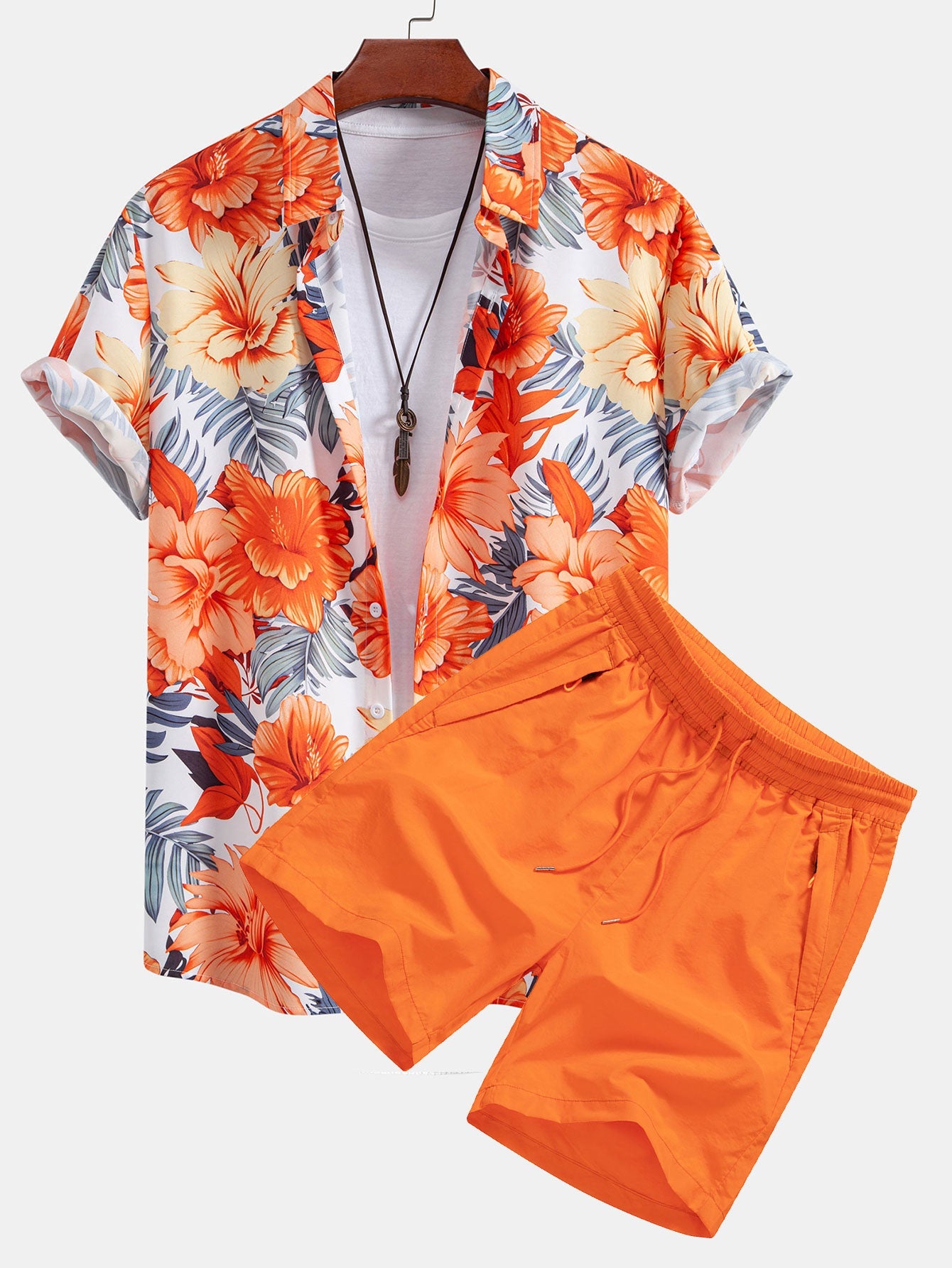 Tropical Flowers Print Shirt & Drawstring Swim Shorts Set