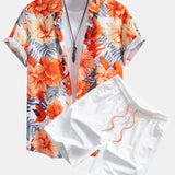 Tropical Flowers Print Shirt & Drawstring Swim Shorts Set