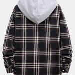 Contrast Hooded Button Up Plaid Shirts with Drawstring