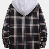 Contrast Hooded Button Up Plaid Shirts with Drawstring