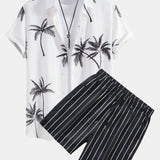 Palm Tree Print Shirt & Striped Swim Shorts Set