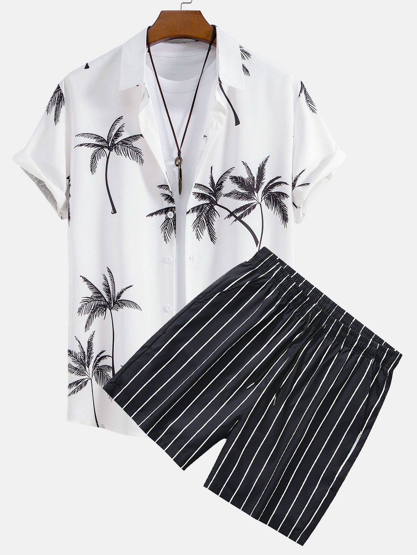 Palm Tree Print Shirt & Striped Swim Shorts Set