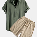 Linen Rayon Blend Shirt & Crinkled Textured Drawstring Shorts Set