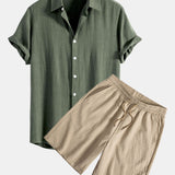 Linen Rayon Blend Shirt & Crinkled Textured Drawstring Shorts Set