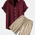 Linen Rayon Blend Shirt & Crinkled Textured Drawstring Shorts Set