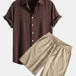Linen Rayon Blend Shirt & Crinkled Textured Drawstring Shorts Set